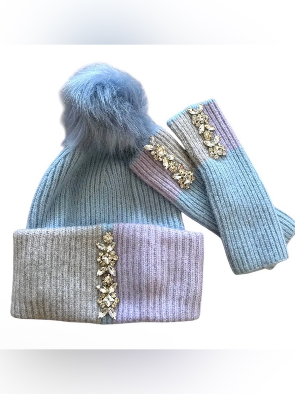 Colorblock Beanie/ Fingerless Gloves SET (Blue) • $150 MSRP OS NWT